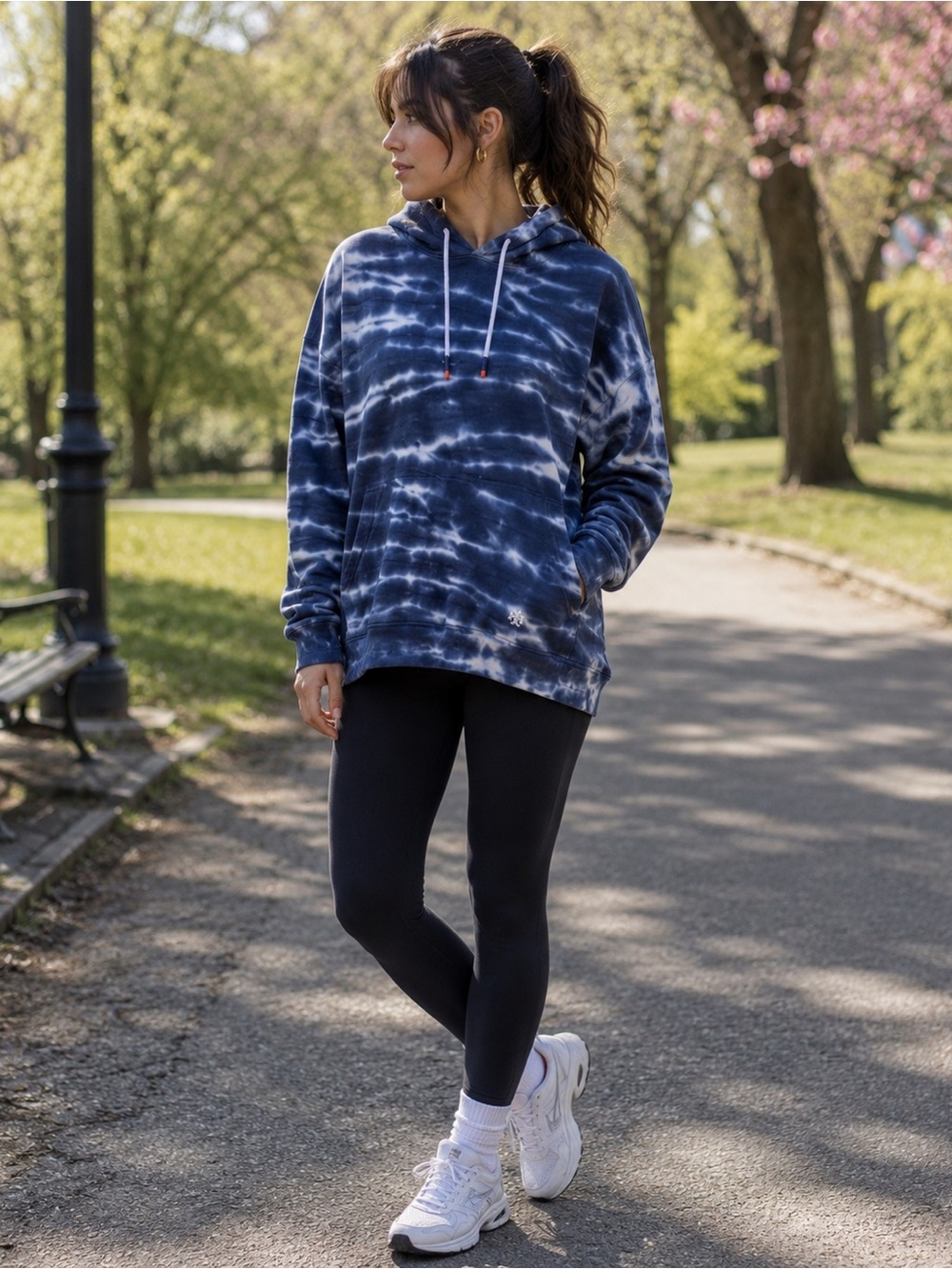 Tory Sport Tory Burch Navy and White Tie-Dye Hoodie Sweater XS